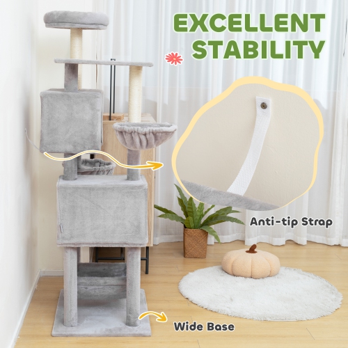 PawHut Cat Tree, 66 Inch Large Cat Tower with 2 Door Condos, 3 Big Hammocks, Plush Top Perch, Sisal Scratching Posts, Multi-level Kitty Tree for
