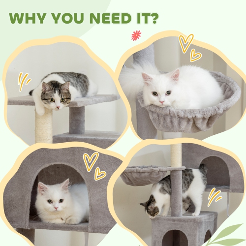 PawHut Cat Tree, 66 Inch Large Cat Tower with 2 Door Condos, 3 Big Hammocks, Plush Top Perch, Sisal Scratching Posts, Multi-level Kitty Tree for