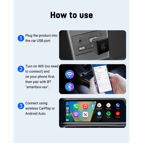 2-in-1 Wireless CarPlay-Android Auto Converter Bluetooth/WiFi Automatic Connection Supports Original Car Control Plug and Play CarPlay Box Car Adapter