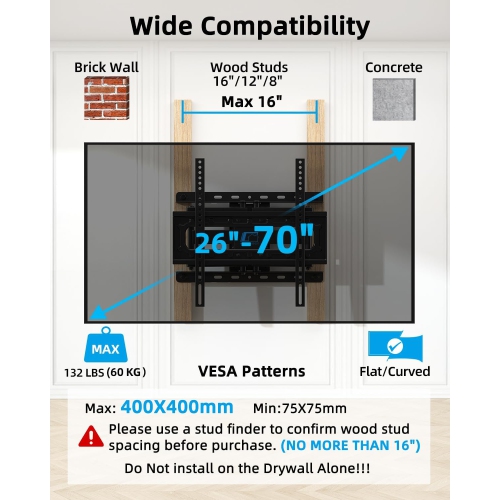 Full Motion TV Wall Mount for Most 26-70 Inch TVs Up to 132 LBS, Max VESA 400x400mm, Wall Mount TV Bracket with Swivel Extension Articulating Tilting