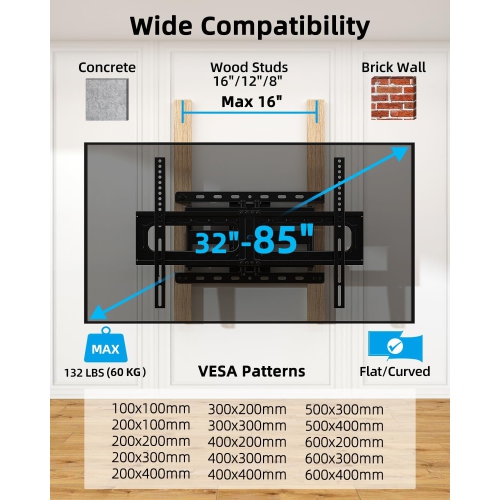 Full Motion TV Wall Mount for Most 32-85 inch TVs up to132 lbs, TV Mount Swivel and Tilt with Dual Articulating Arms, Wall Mount TV Bracket Max VESA