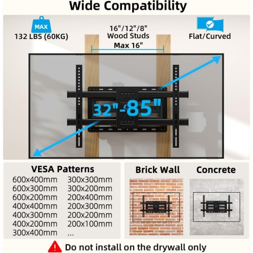 Full Motion TV Wall Mount for Most 32-85 inch TVs up to132lbs, Max VESA 600x400mm, Wall Mount TV Bracket Dual Articulating Arms, Swivel, Tilting,