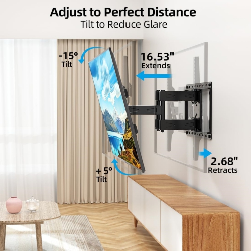 Full Motion TV Wall Mount for Most 32-85 inch TVs up to132lbs, Max VESA 600x400mm, Wall Mount TV Bracket Dual Articulating Arms, Swivel, Tilting,