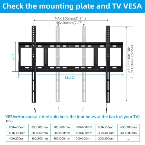 Heavy Duty Fixed TV Wall Mount Holds up to 264Lbs, for 48-120 inch Flat Curved TV Mount Bracket Fits 16"/18"/24"/28" Wood Stud, Max VESA 800x600mm
