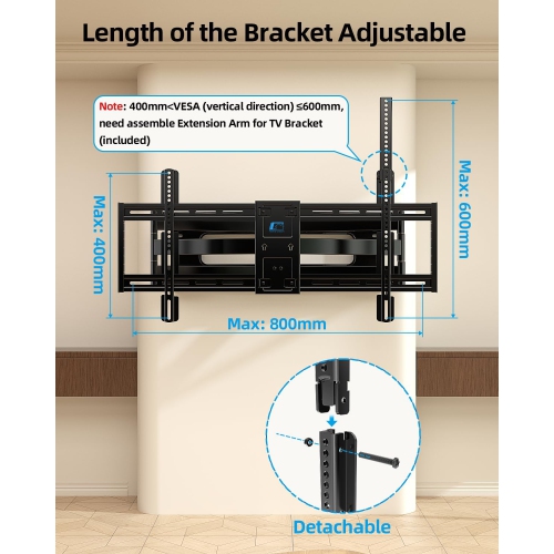 Full Motion Long Arm TV Wall Mount Bracket, Fits 75, 80, 85, 86, 98, 100 inch Flat or Curved TVs Up to 800x600 VESA & 165LBS, TV Mount with Full