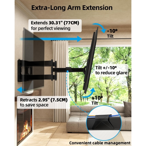 Full Motion Long Arm TV Wall Mount Bracket, Fits 75, 80, 85, 86, 98, 100 inch Flat or Curved TVs Up to 800x600 VESA & 165LBS, TV Mount with Full