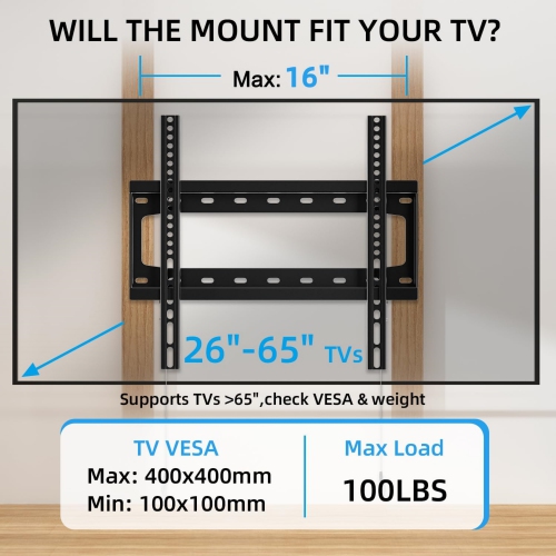 Fixed TV Wall Mount, Low Profile TV Mount for Most 26-65 inch Flat/Curved TVs, Wall Mount TV Bracket with Max VESA 400X400mm Holds up to 100lbs Fits