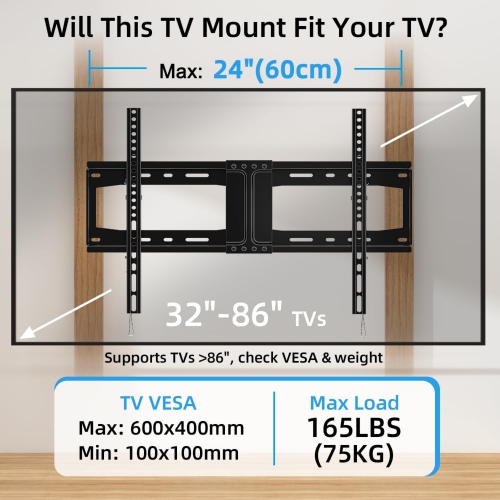 TV Wall Mount Tilt for Most 32-84 inch Flat Curved TV, Low Profile Tilting Wall Mount TV Bracket Fits 16”-18”-24” Wood Stud, Max VESA 600X400mm, Up