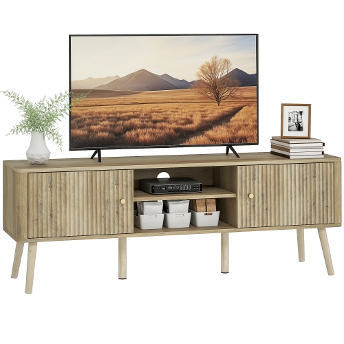 HOMCOM TV Stand for 65 Inch Television, Entertainment Center with Adjustable Shelves, 2 Cabinets and Open Compartments, TV Console Table with Pine