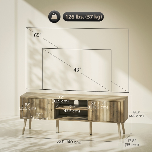 HOMCOM TV Stand for 65 Inch Television, Entertainment Center with Adjustable Shelves, 2 Cabinets and Open Compartments, TV Console Table with Pine