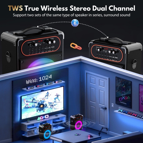 Haut-parleur portatif Bluetooth FanFun, système de haut-parleurs sans fil avec 2 micros, haut-parleur de fête avec lumières LED pour