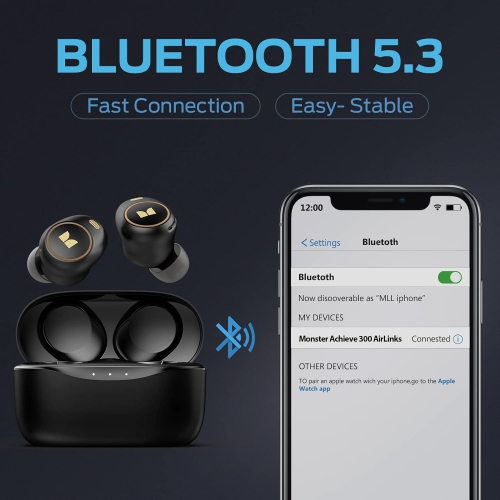 Monster Achieve 300 AirLinks Wireless Earbuds, Bluetooth 5.3 in-Ear Headphones, Touch Control, Built-in Microphone, USB-C Fast Charging, 32H