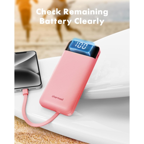 Chargeur portatif mince 10000&nbsp;mAh rose poudré avec câbles intégrés – 6 sorties, 3 entrées, chargeur portable rapide 3&nbsp;A pour Samsung,
