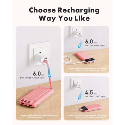 Chargeur portatif mince 10000&nbsp;mAh rose poudré avec câbles intégrés – 6 sorties, 3 entrées, chargeur portable rapide 3&nbsp;A pour Samsung,