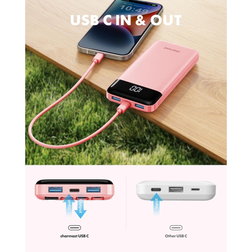 Chargeur portatif mince 10000&nbsp;mAh rose poudré avec câbles intégrés – 6 sorties, 3 entrées, chargeur portable rapide 3&nbsp;A pour Samsung,