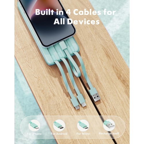 10000mAh Power Bank with LCD Display with Built-In Cables – 6 Outputs, 3 Inputs, 3A Fast Charging Power Bank for Samsung, Google Pixel and More