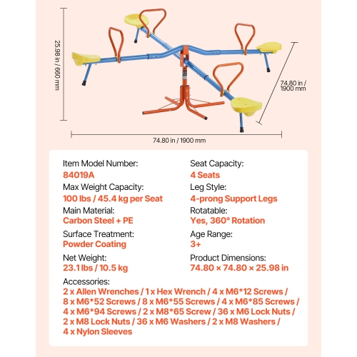 VEVOR 4 Seats Kids Seesaw, 110 lbs Load Capacity per Seat, Sit and Spin Teeter Totter with 4-prong Support Legs, Swiveling 360 Degrees Rotating for