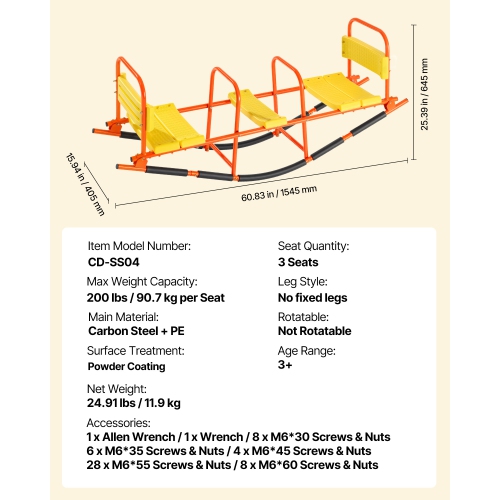 VEVOR 200 lbs Load Capacity Kids Seesaw,Metal Rocking Teeter Totter with Handles, Toddler Seesaw for Children Aged 3+, Kids Outdoor Playground