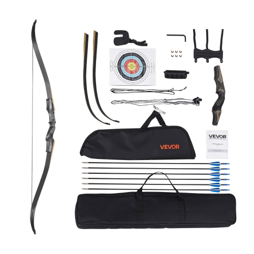VEVOR 60 inch Recurve Bow and Arrows Kit, Wooden Takedown Bows, Right Handed Ergonomic Archery Recurve Bow Package, Longbow for Outdoor Target,