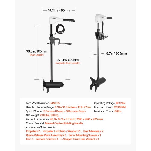 VEVOR 36-In Shaft Electric Trolling Motor, Transom Mounted Outboard Boat Motors 24V 86lbs Thrust, 8-Speed Electric Boat Engine w/ Battery Indicator,