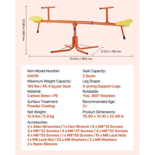 VEVOR Kids Seesaw, 100 lbs Load Capacity per Seat, Sit and Spin Teeter Totter with 4-prong Support Legs, Playground Equipment, Swiveling 360 Degrees