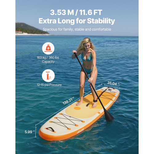 VEVOR 11.6' x 35" x 6" Wide Inflatable Stand Up Paddle Board, Ultra-Light SUP Paddleboard, All Accessories Included, Pump, Paddle, Fin, Backpack,