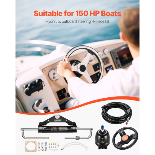 VEVOR 150HP Hydraulic Outboard Steering Kit, Marine Boat Hydraulic Steering System with 13.5-inch Steering Wheel, Helm Pump, Hydraulic Cylinder &