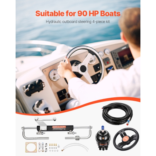 VEVOR 90HP Hydraulic Outboard Steering Kit, Marine Boat Hydraulic Steering System with 13.5-inch Steering Wheel, Helm Pump, Hydraulic Cylinder & 2PCS