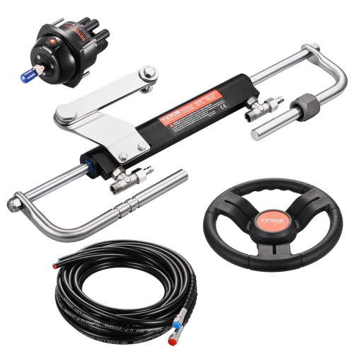 VEVOR 90HP Hydraulic Outboard Steering Kit, Marine Boat Hydraulic Steering System with 13.5-inch Steering Wheel, Helm Pump, Hydraulic Cylinder & 2PCS