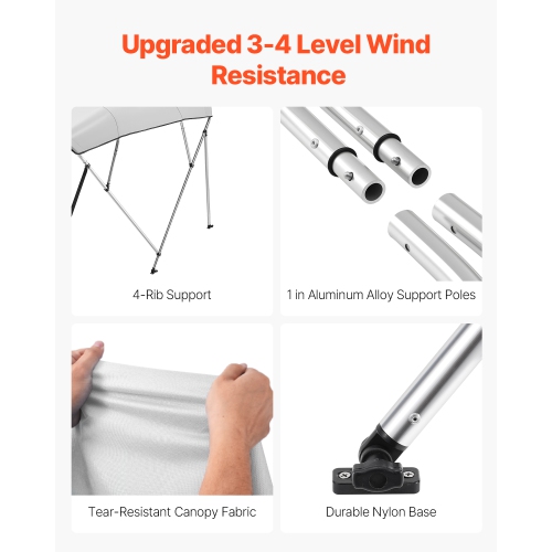VEVOR 4 Bow Boat Bimini Tops, 600D Polyester Canopy with Aluminum Alloy Frame, Waterproof & Sun Shade Boat Awning Canopy ,2 Support Poles, 4 Straps,