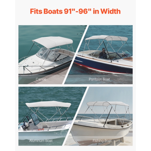 VEVOR 4 Bow Boat Bimini Tops, 600D Polyester Canopy with Aluminum Alloy Frame, Waterproof & Sun Shade Boat Awning Canopy ,2 Support Poles, 4 Straps,