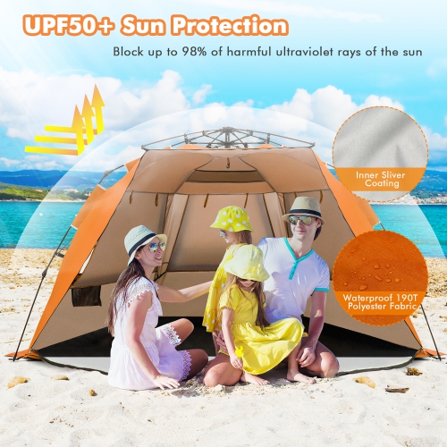 Tente de plage relevable facile pour 3-4 personnes avec facteur de protection UV portatif de 50+ de Costway