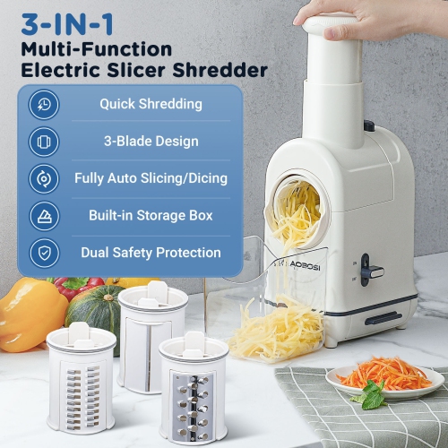 Electric Vegetable Cutter with Storage Box, Large Feed Chute for Whole Vegetables, 3 Inserts, Upgraded Quiet Motor