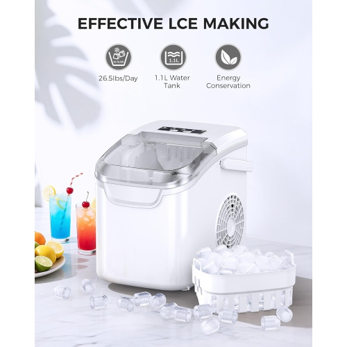 ZAFRO Ice Maker Countertop, Portable Ice Machine with Self-Cleaning, 26.5 lbs/24Hrs, 8 Ice Cubes in 6 Mins, Ice Basket and Scoop, Ideal for Home,