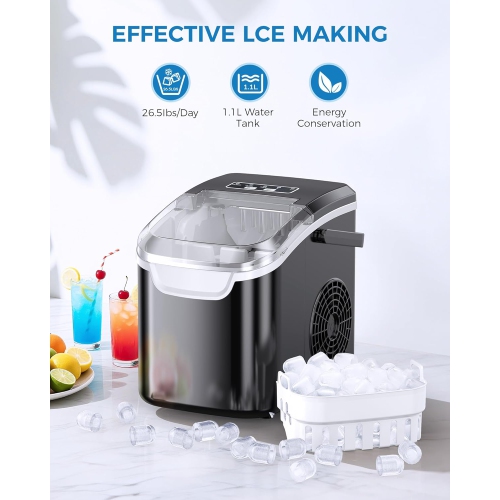 ZAFRO Ice Maker Countertop, Portable Ice Machine with Self-Cleaning, 26.5 lbs/24Hrs, 8 Ice Cubes in 6 Mins, Ice Basket and Scoop, Ideal for Home,