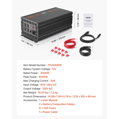 VEVOR 3000W Sump Pump Battery Backup System, Auto Switches to Battery Inverter for Continuous Sump Pump Operation, Pure Sine Wave, LCD Display, for