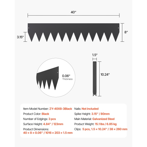 VEVOR 40 x 8 in Steel Landscape Edging, 3 Packs Rust-Resistant Metal Landscape Edging, Bendable Garden Edging Border, Heavy Duty Lawn Edging, Flower