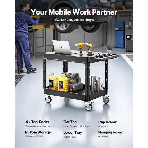 VEVOR 37 x 25.4-inch Utility Cart, 550 lbs Load Capacity, Service Cart, Two-Shelf Heavy Duty Plastic Utility Cart with 360° Swivel Wheels, Suitable