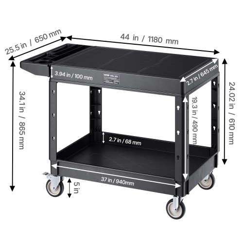 VEVOR 37 x 25.4-inch Utility Cart, 550 lbs Load Capacity, Service Cart, Two-Shelf Heavy Duty Plastic Utility Cart with 360° Swivel Wheels, Suitable