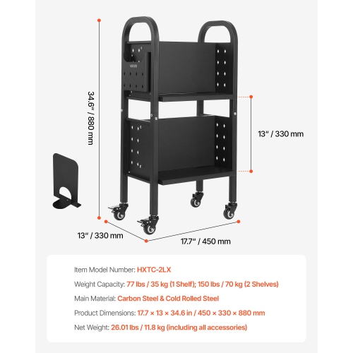 VEVOR 17.7 x 13.0 x 34.6-Inch Rolling Library Book Cart,150 lbs Capacity, Library Cart, Double Sided L-Shaped Shelves with 2-Inch Lockable Wheels,