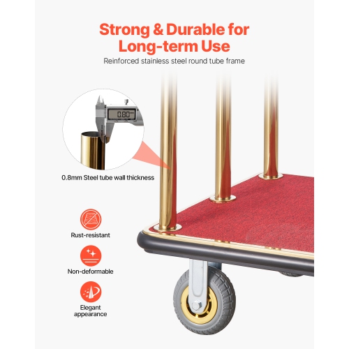 VEVOR 1100 LBS Load Capacity Hotel Luggage Cart, Brushed Stainless Steel Bellman's Cart Curved Uprights, Valet Cart with Red Carpeted Deck and 6-inch