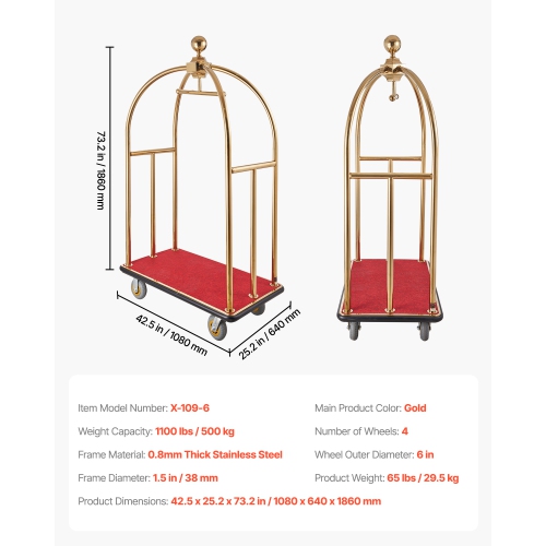 VEVOR 1100 LBS Load Capacity Hotel Luggage Cart, Brushed Stainless Steel Bellman's Cart Curved Uprights, Valet Cart with Red Carpeted Deck and 6-inch