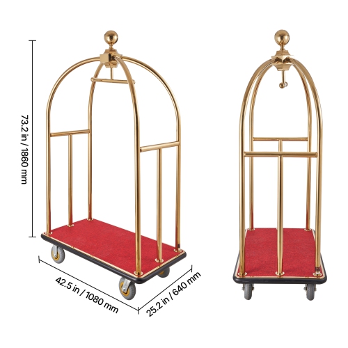 VEVOR 1100 LBS Load Capacity Hotel Luggage Cart, Brushed Stainless Steel Bellman's Cart Curved Uprights, Valet Cart with Red Carpeted Deck and 6-inch