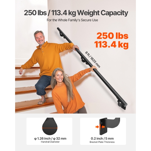 VEVOR 6ft Wall Mounted Stair Handrail, Pipe Staircase Handrail, Black Galvanized Aluminum, 1.26 inch Pipe Diameter, Indoor&Outdoor Staircase