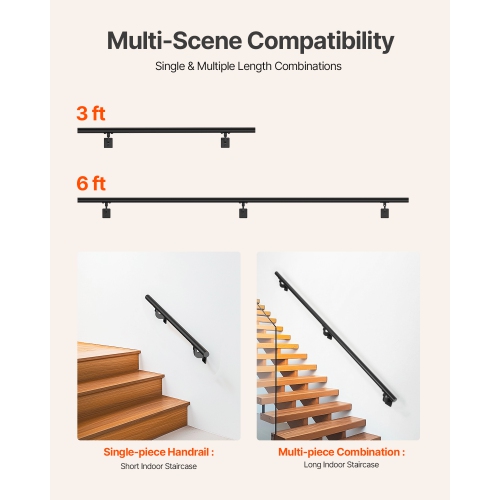 VEVOR 6ft Wall Mounted Stair Handrail, Pipe Staircase Handrail, Black Galvanized Aluminum, 1.26 inch Pipe Diameter, Indoor&Outdoor Staircase