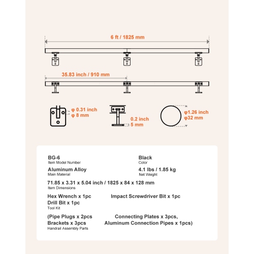 VEVOR 6ft Wall Mounted Stair Handrail, Pipe Staircase Handrail, Black Galvanized Aluminum, 1.26 inch Pipe Diameter, Indoor&Outdoor Staircase