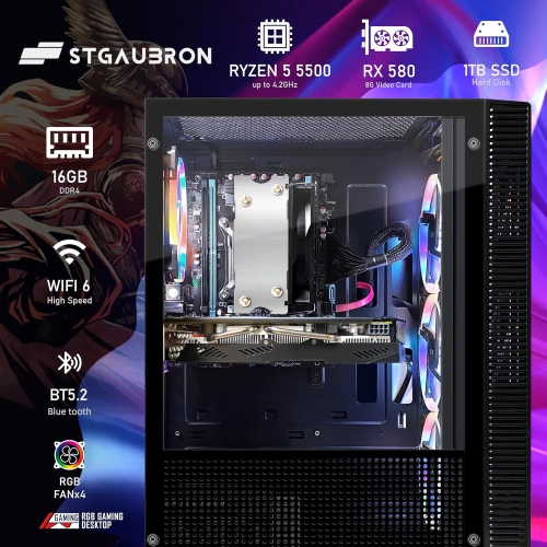 STGAubron Gaming PC Computer Desktop, AMD Ryzen 5 5500G up to 4.2G, Radeon RX 580 8G Graphics, 16G DDR4, 1TB SSD, WIN11H