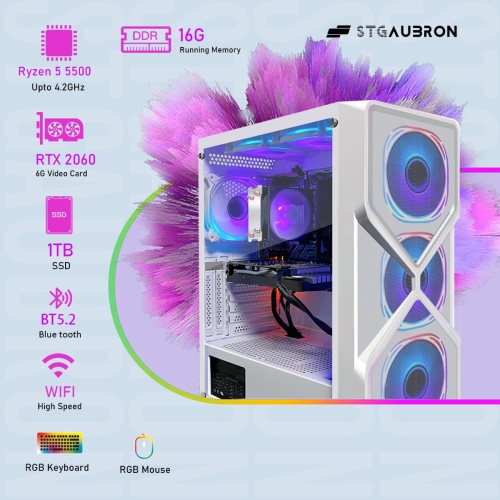 STGAubron Gaming PC Computer Desktop, AMD Ryzen 5 5500G up to 4.2G, GeForce RTX 2060 6G, 16G DDR4 RAM, 1TB SSD, WIN11H