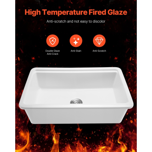 VEVOR 33x19 inch Farmhouse Sink, White Sink Workstation, Fireclay Topmount Undermount Basin, Drop-In Single Bowl Basin with Multiple Accessories,