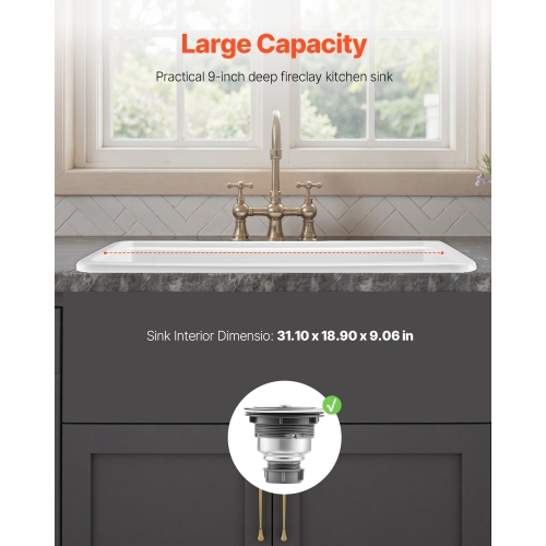 VEVOR 33x19 inch Farmhouse Sink, White Sink Workstation, Fireclay Topmount Undermount Basin, Drop-In Single Bowl Basin with Multiple Accessories,